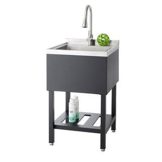 18 in. W x16 in. D Basin Freestanding Laundry/Utility Sink in Stainless Steel and Black with Pull... | The Home Depot