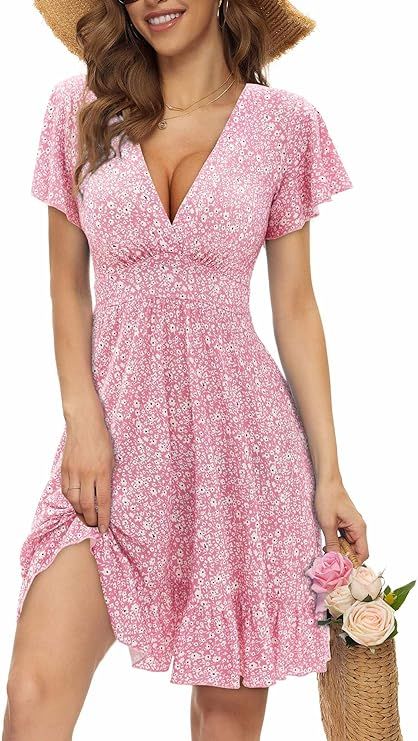 TORARY Womens Summer Dresses 2024 Floral Cap Sleeve Wrap V Neck Ruffle A-Line Sun Dress | Amazon (US)