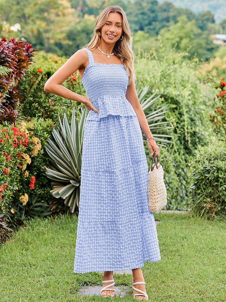 Glamaker Womens 2 Piece Skirt Sets Summer Gingham Plaid Tank Tops Maxi Skirt Casual Travel Vacati... | Amazon (US)