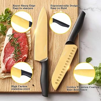 Marco Almond® Gold Knife Set With Block KYA23, 14 Pieces Stainless Steel Chef Cutlery Knives Set... | Amazon (US)