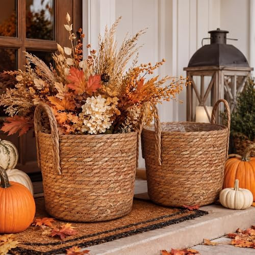 Novabright 2 Pack Fall Woven Planter for Porch, 10 x 12 Inches Fall Woven Planter for Artificial Flowers, Cattails Basket with Handles, Stylish Pot Cover for Indoor Outdoor Home Decor | Amazon (US)
