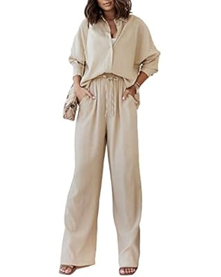 IUALXYBB Women's 2 Piece Pantssuit Casual Cotton Linen Outfits Long Sleeve Button Down Shirts Dra... | Amazon (US)