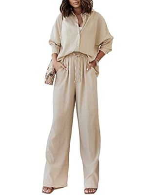 IUALXYBB Women's 2 Piece Pantssuit Casual Cotton Linen Outfits Long Sleeve Button Down Shirts Dra... | Amazon (US)