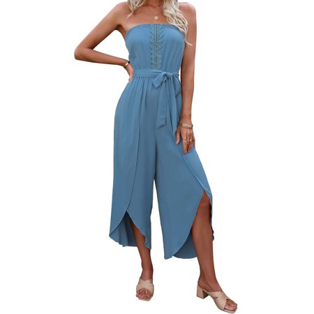 GXFC Women s Strapless Flowy Jumpsuit Tube Top Wide Leg Pants Romper with Belt | Walmart (US)
