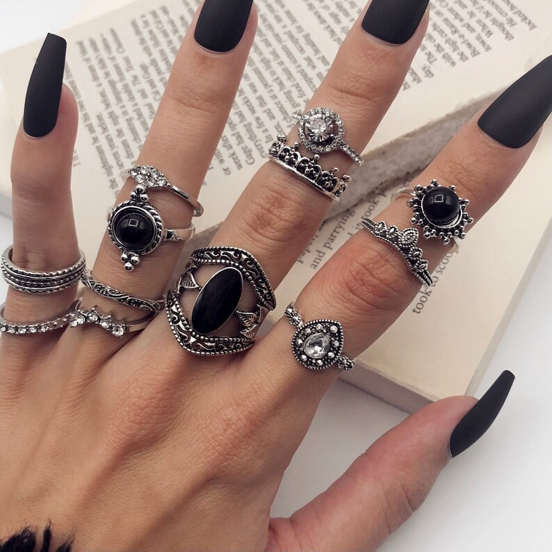 Goth Ring Set  Black Midi Rings  Alternative Jewelry  | Etsy | Etsy (US)
