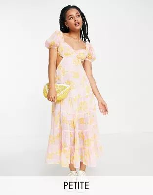 Miss Selfridge Petite chiffon bow back tiered maxi dress in pink floral | ASOS (Global)