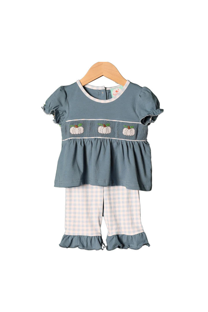Smocked Blue Stone Pumpkin Ruffle Pant Set | The Smocked Flamingo