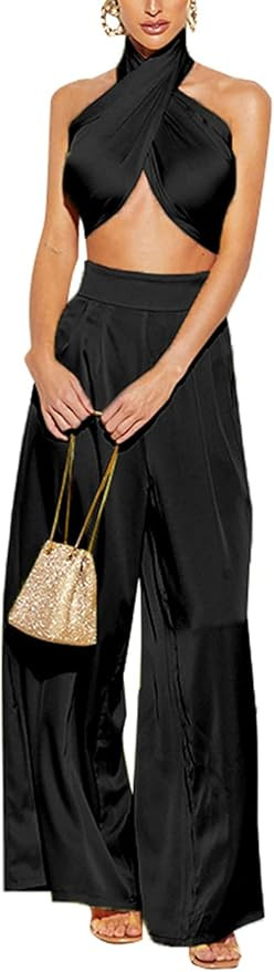 Summer Elegant Two Piece Outfits for Women, Sexy Halter Criss Cross Tank Crop Tops and Wide Leg P... | Amazon (US)