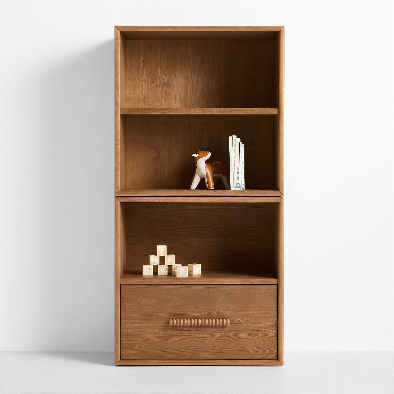 Jack 30" Hazelnut Ash Wood Modular Kids Open Bookcase with Drawer | Crate & Kids | Crate & Barrel