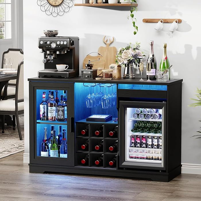 Coffee Bar Cabinet with Fridge (Fridge Included), Large Liquor Bar Cabinet with LED Lights, Glass... | Amazon (US)