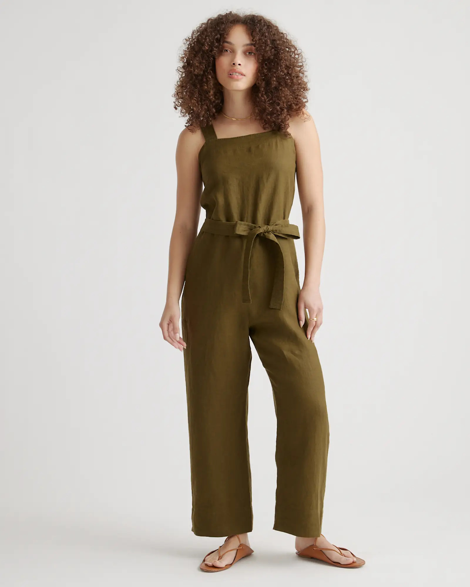 100% European Linen Square Neck Jumpsuit in Martini Olive | Quince