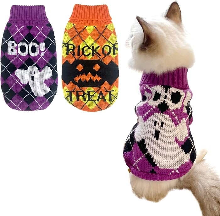 2Pcs Pet Puppy Halloween Dog Sweater Kitten Knitwear Dog Clothes Orange Trick OR Treat Purple Gho... | Amazon (US)