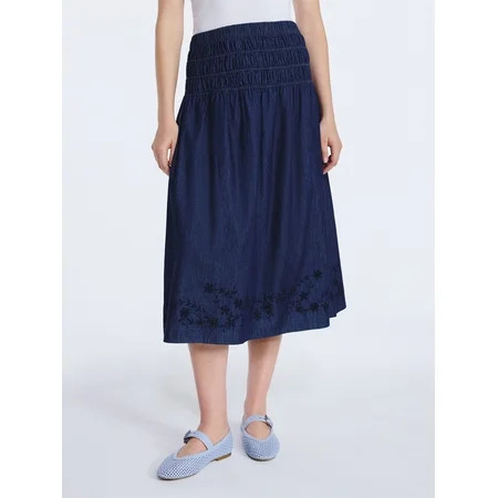 Free Assembly Women's and Women's Plus Embroidered Cotton Maxi Skirt with Smocked Waist, Sizes XS-4X | Walmart (US)