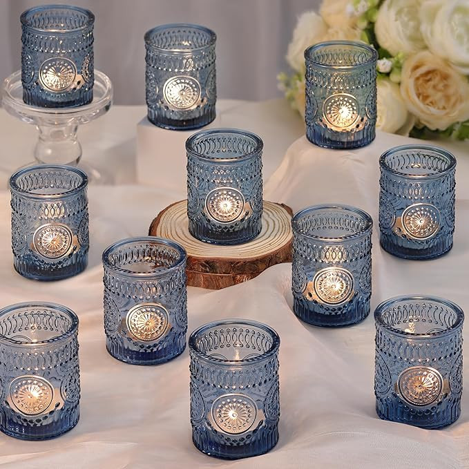 Blue Votive Candle Holders Set of 36- Glass Candle Holders Bulk for Tea Light Candle, Embossed Ca... | Amazon (US)