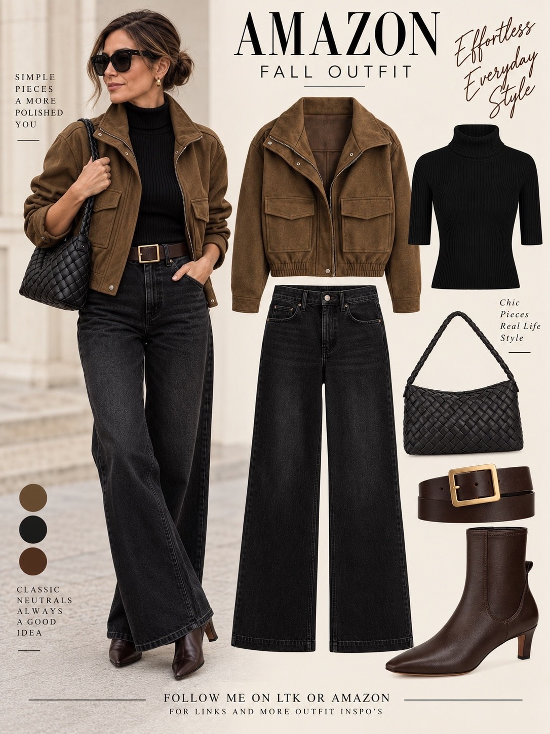 A little rugged, a little refined, and exactly how I like to dress for fall. The cropped faux suede jacket brings some structure, while the wide-leg black denim keeps the look relaxed. Chocolate brown boots and a vintage-inspired belt warm things up, and that woven black bag adds just the right finishing touch.

I love mixing textures and silhouettes to make even the simplest outfit feel interesting. Nothing overly styled, just pieces that work beautifully together.

Everything is from Amazon!