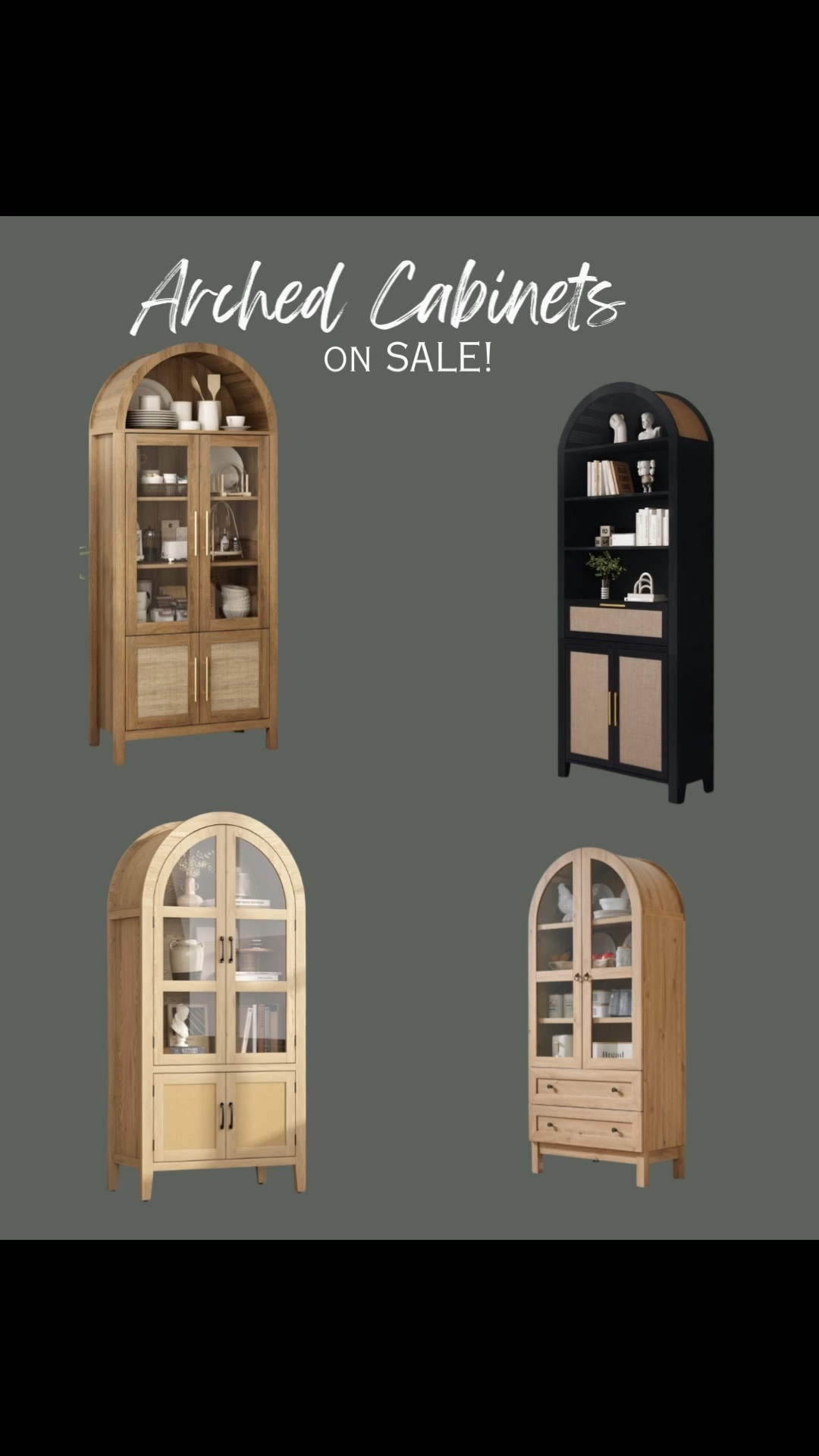 Shop by clicking the thumbnails! If you have been wanting an arched cabinet now is the time to buy! They are all on sale! Cabinet, bookshelf, arched bookshelves, living room furniture, modern farmhouse, living room, dining room, curio cabinet, arched cabinet 

#LTKHome #LTKSaleAlert #LTKmomlife