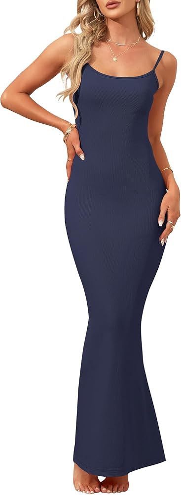 WNEEDU Womens Slip Maxi Dress Sexy Ribbed Bodycon Dresses Square Neck Sleeveless Long Dress, Navy... | Amazon (CA)
