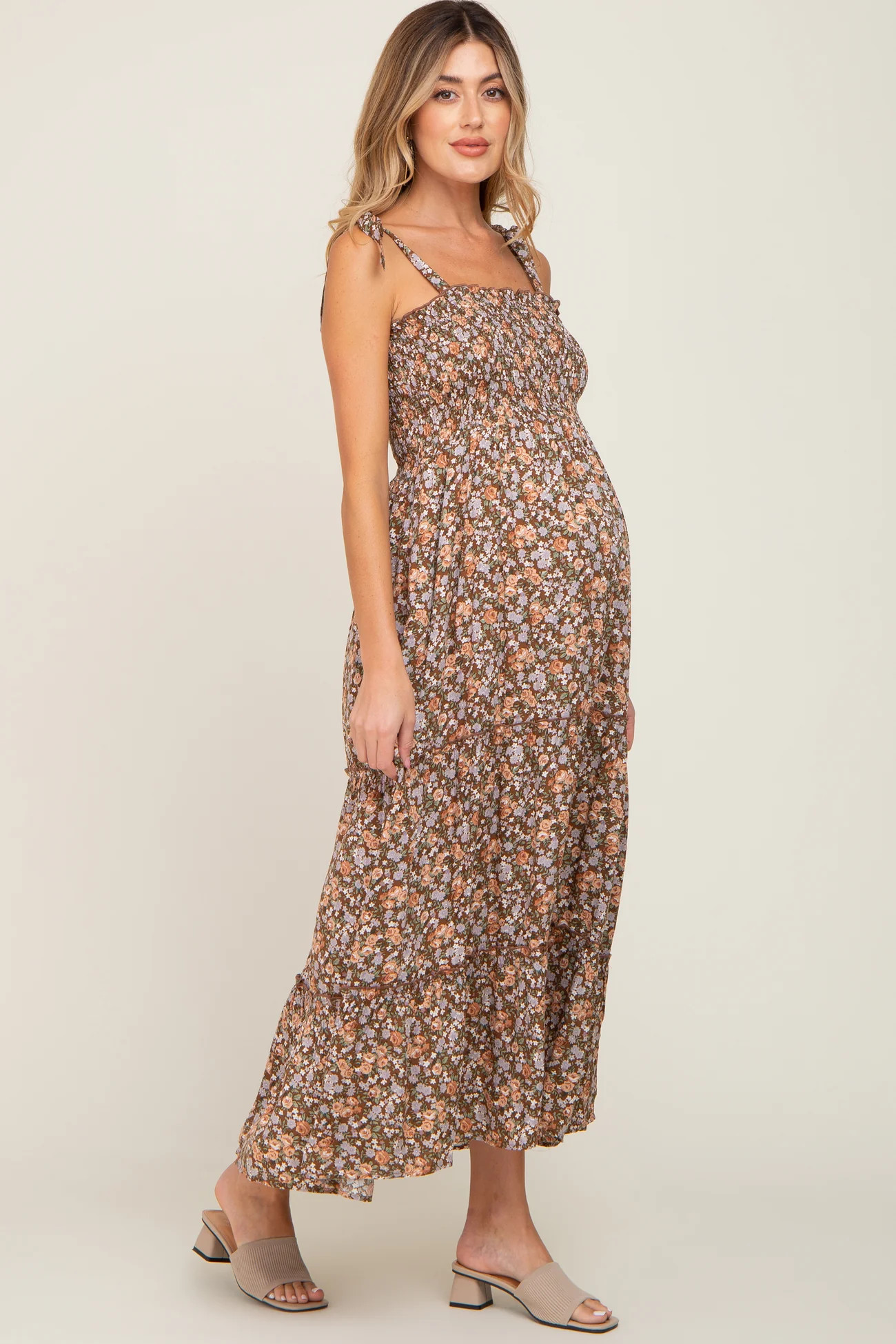 Camel Floral Sleeveless Tiered Maternity Maxi Dress | PinkBlush Maternity