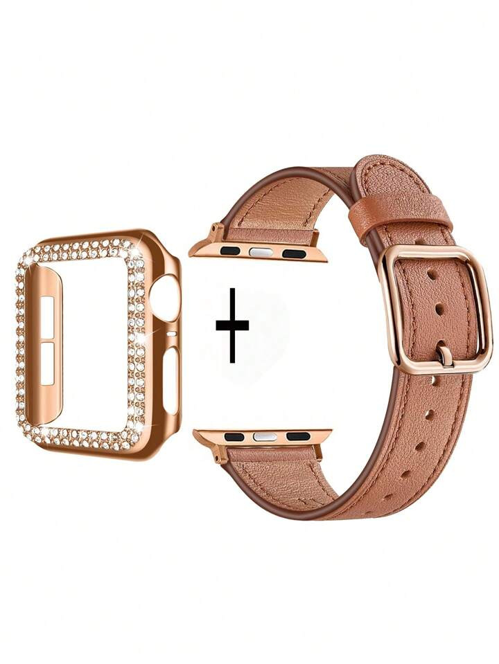2pcs Apple Watch Band And Case Set, Hard PC Material With Rose Gold Frame And Shiny Crystal Diamo... | SHEIN