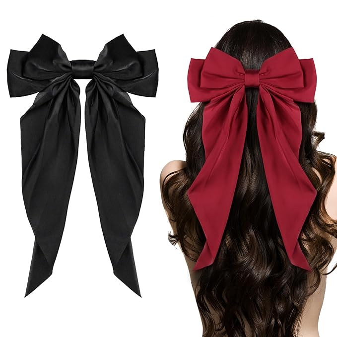 Big Bow Hair Accessories 2pcs - Long Tail French Satin Silky Barrettes for Women and Girls, Black... | Amazon (US)