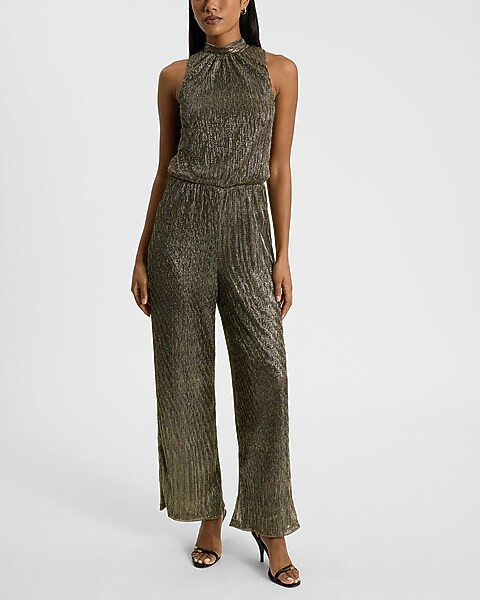 Metallic Ribbed Mock Neck Jumpsuit | Express