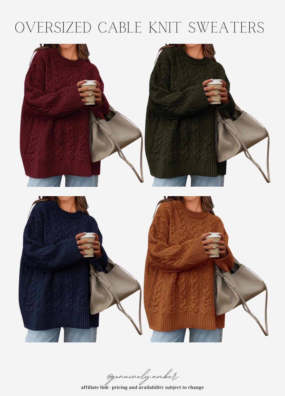 Oversized cable knit sweaters from Amazon, comes in a variety of colors! 

#LTKFindsUnder100 #LTKStyleTip #LTKFindsUnder50
