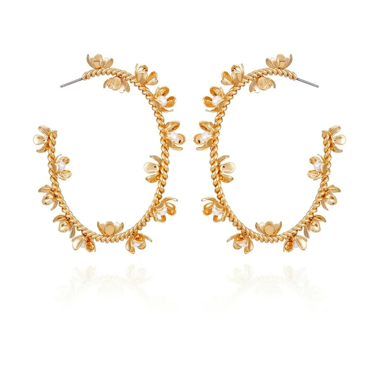 Time and Tru Women's Goldtone Flower Station Hoop Earrings | Walmart (US)