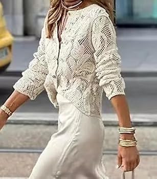 Womens 2024 Summer Tops Elegant Lace Hollow Out V-Neck Ruffle Half Sleeve Shirts Boho Casual Blou... | Amazon (US)
