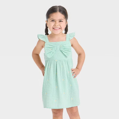 Toddler Girls' Floral Woven Dress - Cat & Jack™ Light Green 2T: Sleeveless A-Line, Embroidered Bow, Side Pocket | Target
