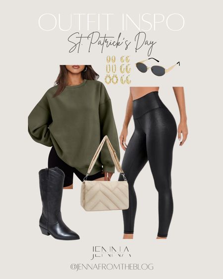 St Patrick’s day outfit. St paddy’s day outfit. Oversized sweatshirt. Faux leather leggings. Western boots. Spring outfit.

#LTKfindsunder100 #LTKfindsunder50 #LTKSeasonal