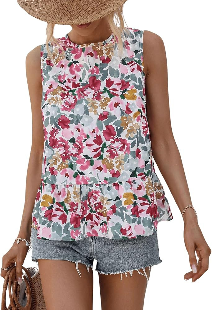 SweatyRocks Women's Sleeveless Floral Print Ruffle Hem Shirts Crewneck Blouses Tee Top | Amazon (US)