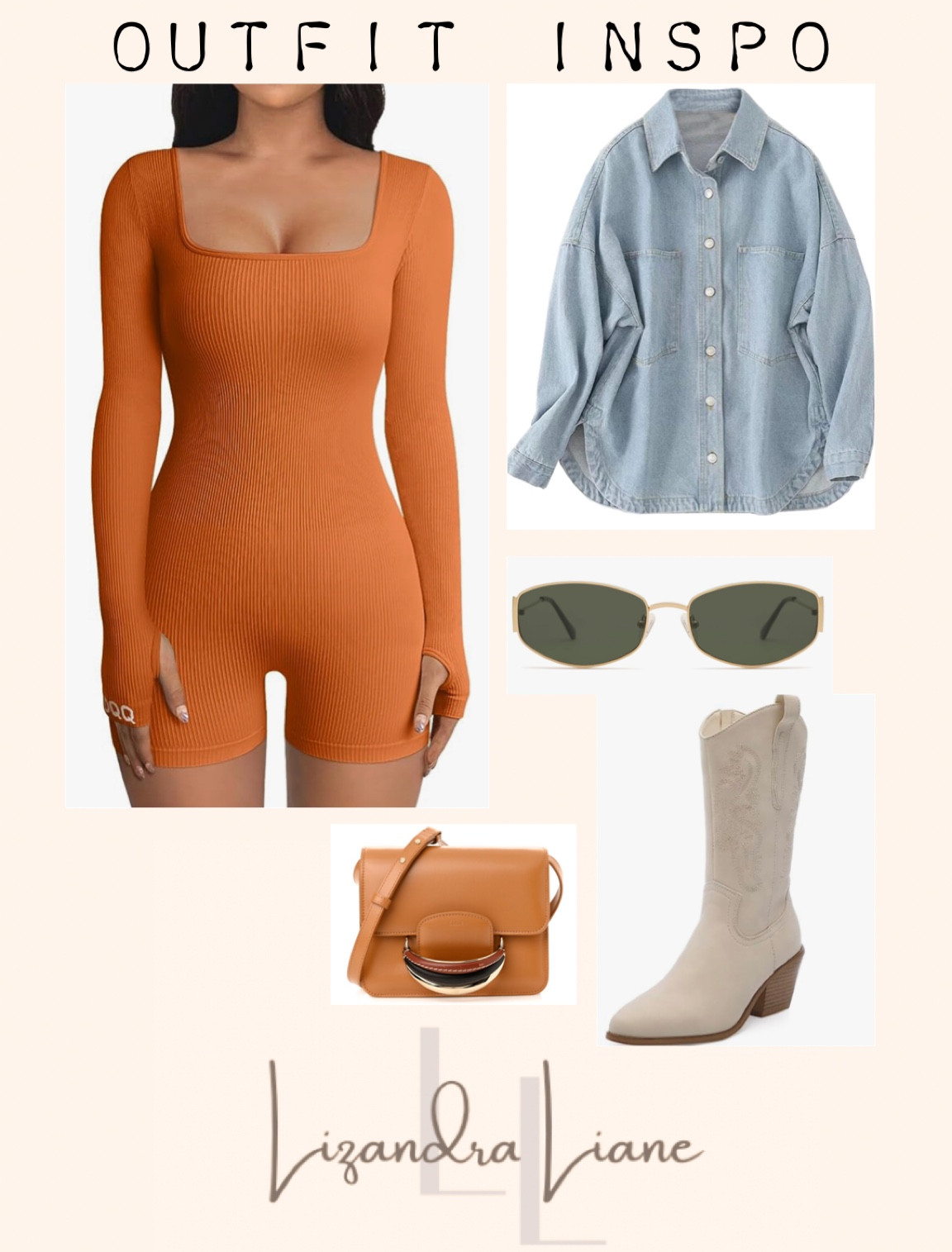 Outfit inspo,
Cowboy boots, denim jacket, romper, burnt orange, fall outfits, travel outfit, game day football 

#LTKfindsunder50 #LTKstyletip #LTKsalealert