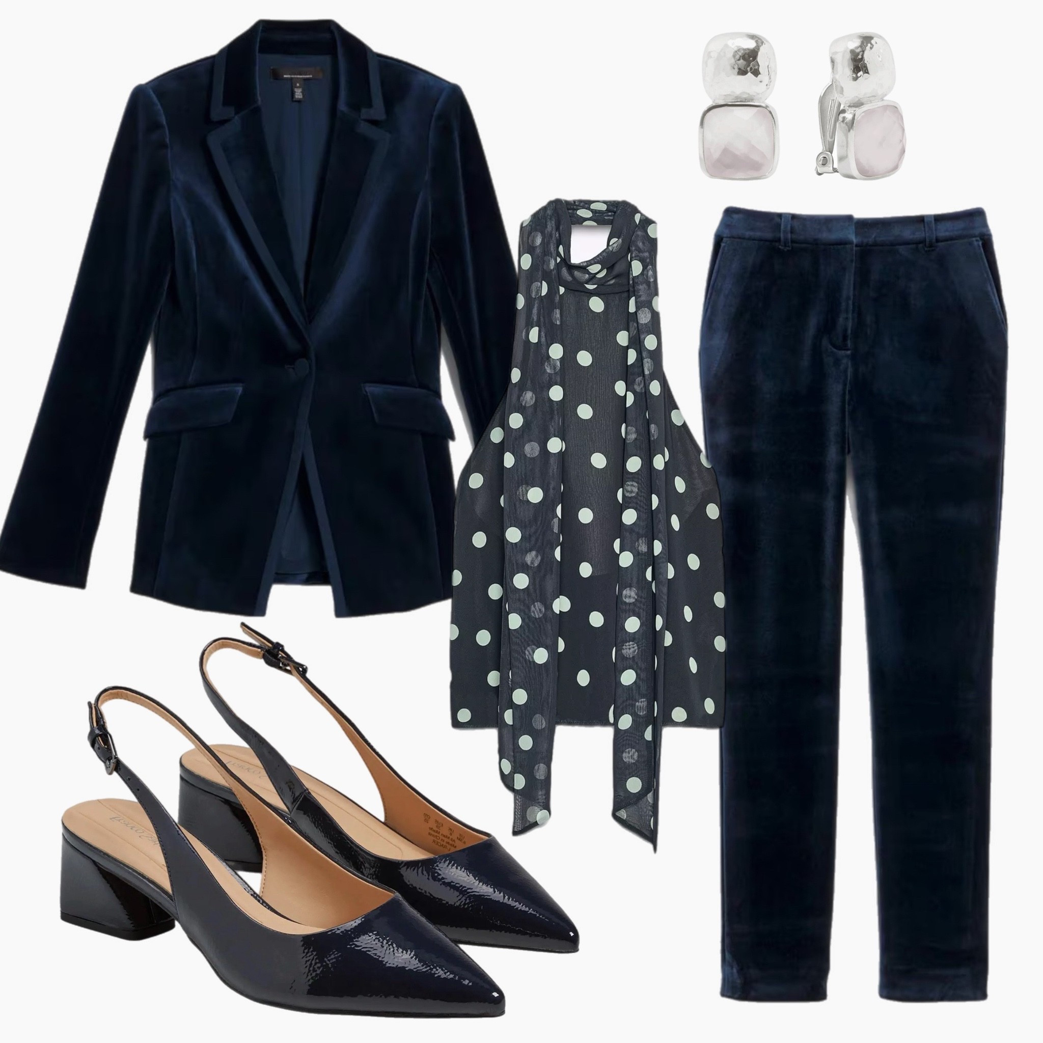 Velvet done right 🖤✨ This look blends structure and sophistication — a navy velvet suit paired with a sheer polka-dot blouse and block slingbacks for an effortlessly chic work event outfit. Elevated textures, subtle shine, and timeless tailoring make it perfect for the season.

#WorkEventStyle #HolidayOfficeLook #VelvetSuit #ChicAndPolished #LTKWinterStyle 

#LTKWorkwear #LTKmomlife #LTKWorkwear #LTKStyleTip