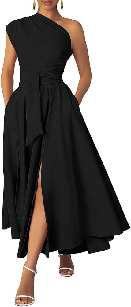 Ekaliy Women's One Shoulder Belted Maxi Dress Long Formal Wedding Guest Dress with Pockets | Amazon (US)