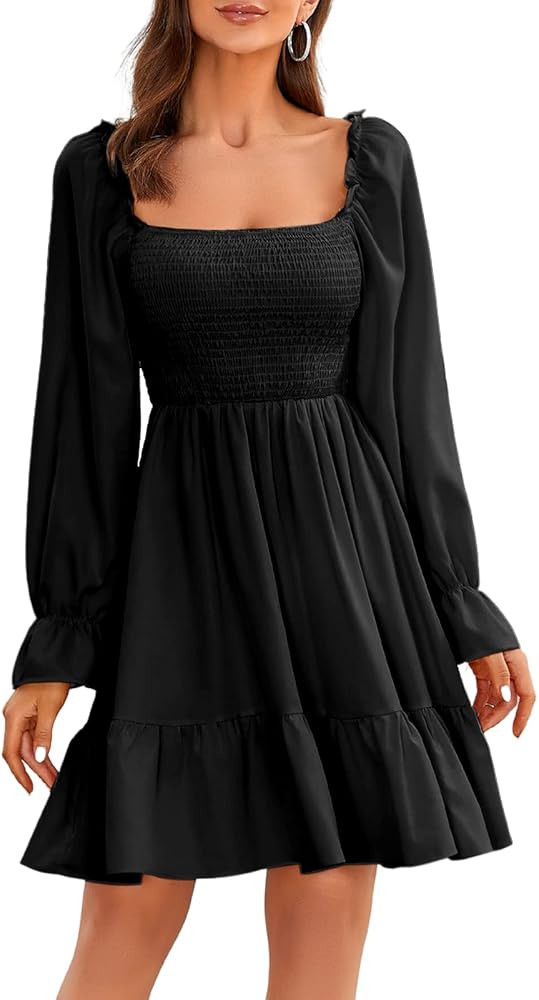 BBcoch Puff Long Sleeve Midi Dress for Women Boho Summer Casual Smocked Ruffle Square Neck Dress | Amazon (US)