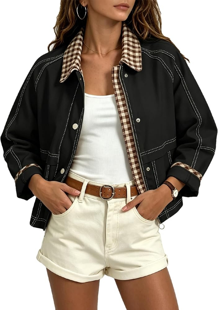 Aimiray Women's Barn Cropped Jacket Lightweight Vintage Plaid Bomber Coat | Amazon (US)