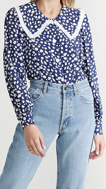 Laura Navy Animal Spot Frill Collar Top | Shopbop