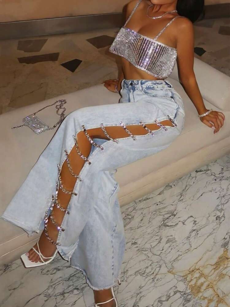 GLOURI Women's High Waist Rhinestone Jeans - Wide Leg Distressed Denim & Raw Fringe Hem | Sexy Ri... | SHEIN