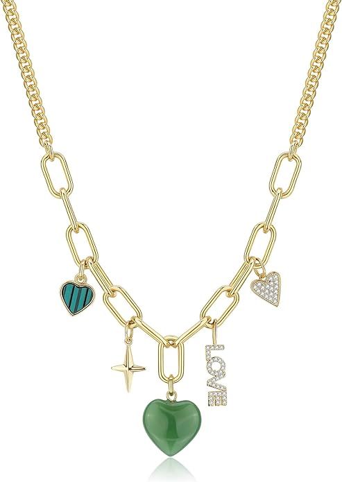 Chunky Charm Necklace, Multi Heart Sun Moon Pearl Jade Healing Crystal Charm with 14k Gold Plated... | Amazon (US)