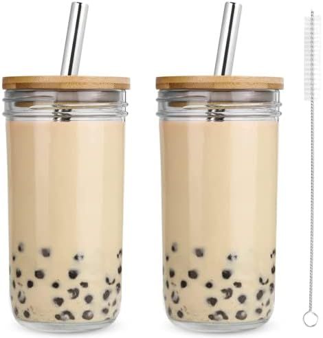 Iced Coffee Cups 2 Pack 20 oz, AmzFan Mason Jars Glass Cups, Boba Cups With Lids and Straws, Reus... | Amazon (US)
