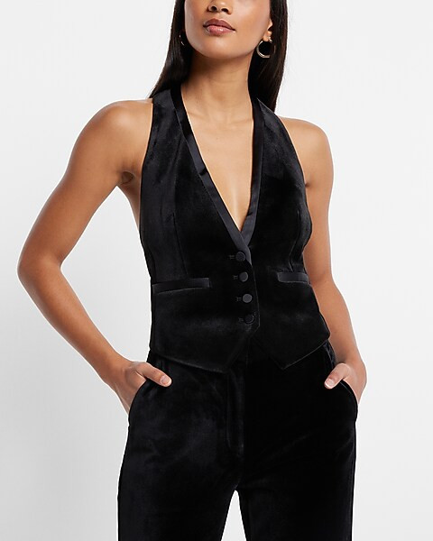 Velvet Button Front Halter Tuxedo Blazer Vest | Express
