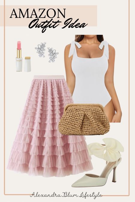 Cute spring outfit idea from Amazon! Cute tutu style maxi skirt, tie tank top bodysuit, brown straw clutch purse, bow heels!! Cute date night outfit! 

#LTKfindsunder100 #LTKitbag #LTKSeasonal