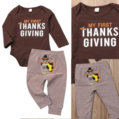 Thanksgiving Outfit Baby Girl Boy Clothes Long Sleeve Top Romper+Turkey Striped Pant (0-6 Months)... | Walmart (US)