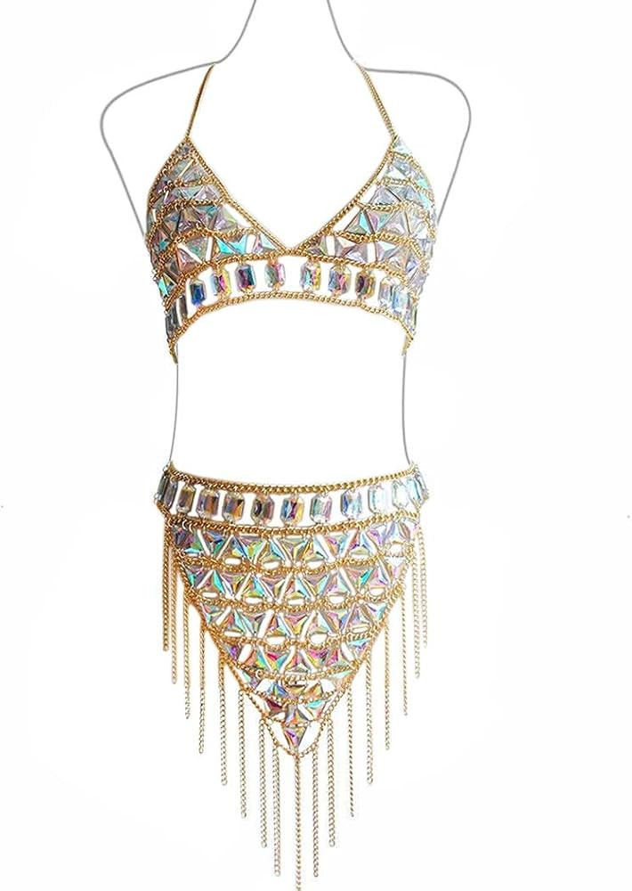 CanB Rhinestone Body Chain Suit Boho Body Waist Belly Chain Skirt Crystal Body Chain Bra top Fest... | Amazon (US)