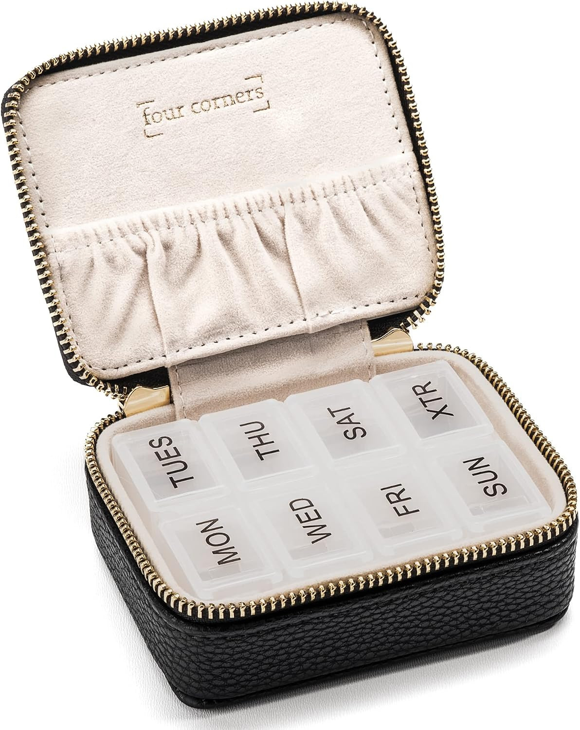 Weekly Pill Organizer 7 Day – Travel Pill Case for Vitamins & Medication, Premium Vegan Leather Pill Box with Removable Daily Compartments, Portable Supplement Organizer with Secure Zipper (Black) | Amazon (US)
