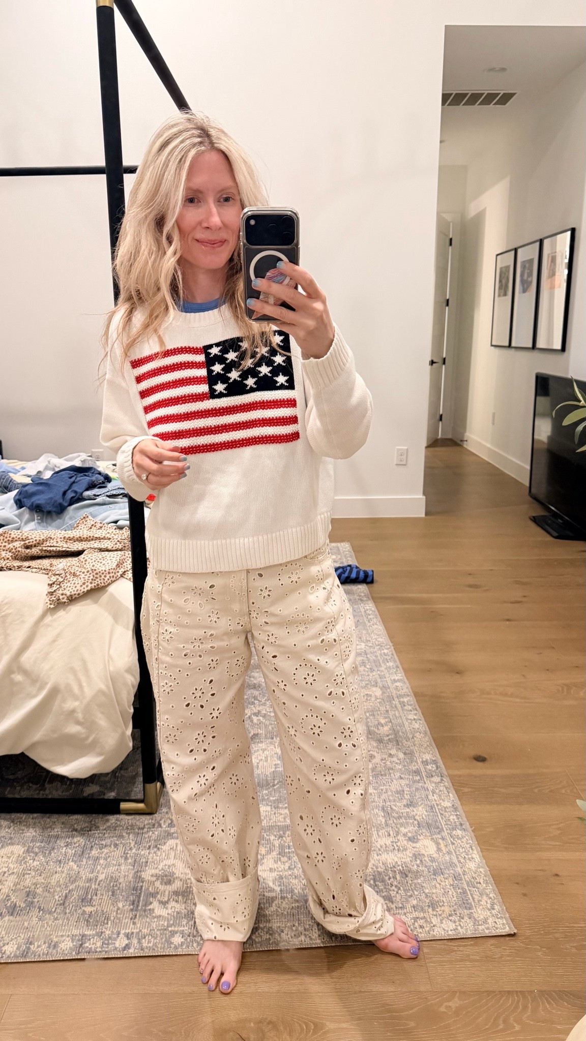 Red white and blue look! Flag sweater from old navy paired with eyelet cutout white denim or a red pair of embroidered cotton shorts 
In a size small in sweater and 26 in jeans. 
Steve Madden rori jeans 
Nuuds slinky Rib shirt 
Cotton flag sweater

#LTKSeasonal #LTKootd #LTKmomlife

#LTKootd #LTKmomlife #LTKSeasonal