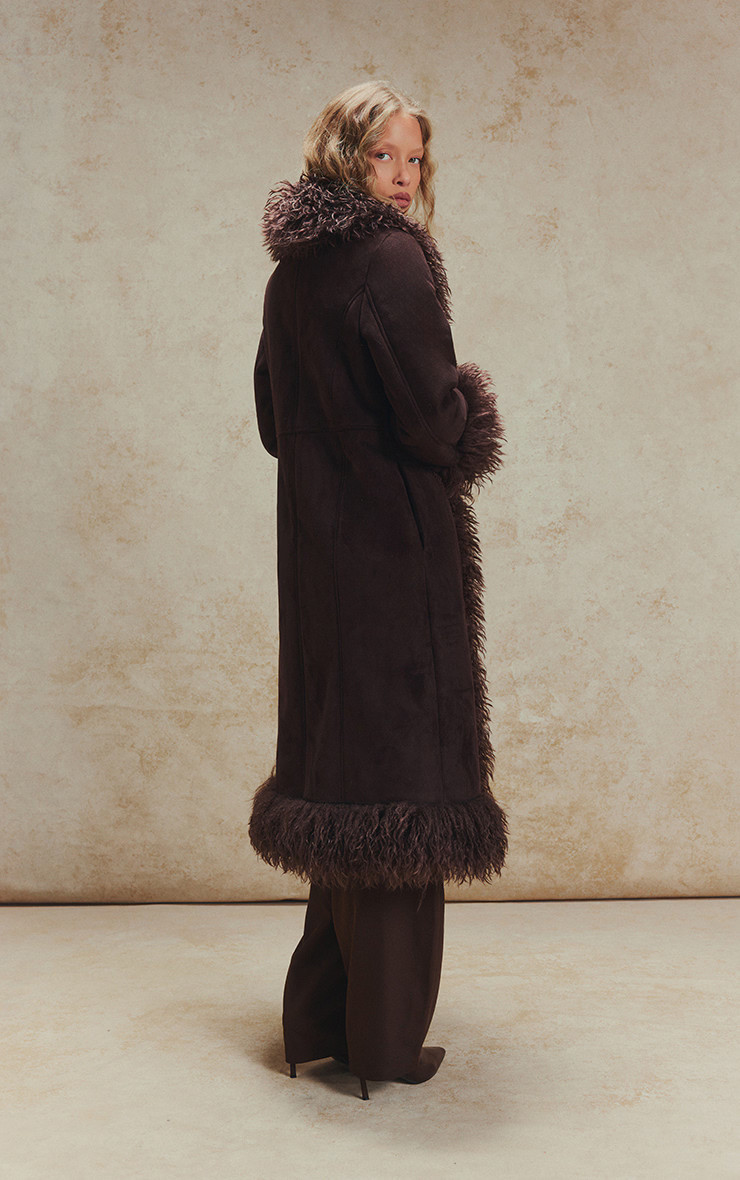 Chocolate Brown Faux Fur Trim Maxi Coat | Outerwear | PrettyLittleThing US