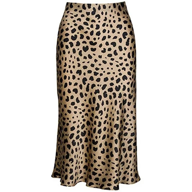 Keasmto Leopard Print Skirt for Women Midi Length Cheetah High Waist Silk Satin Summer Skirts S | Walmart (US)