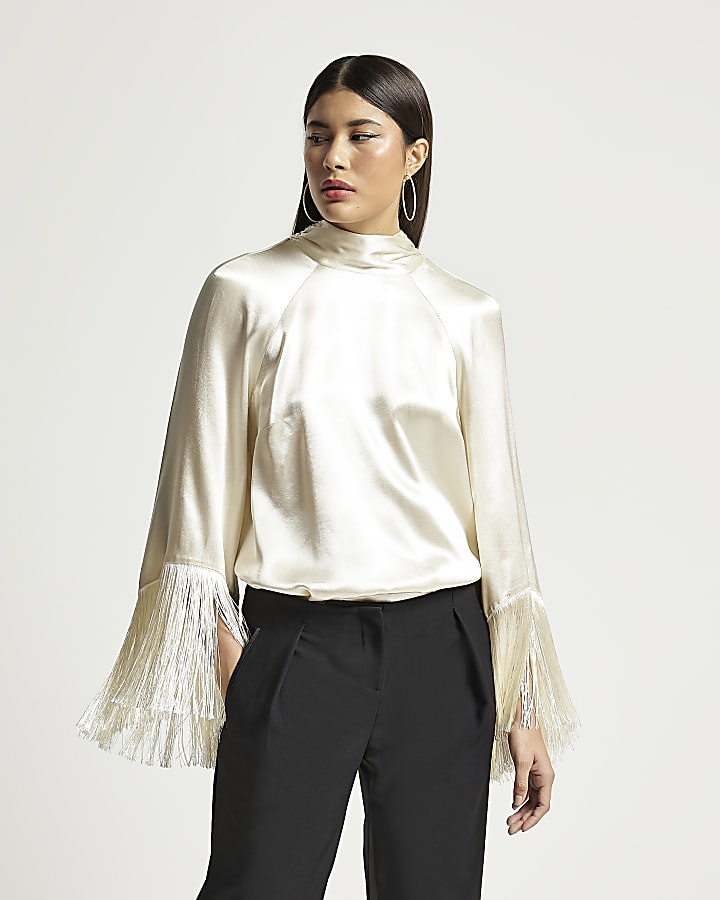 Cream RI Studio satin fringe blouse | River Island (US)