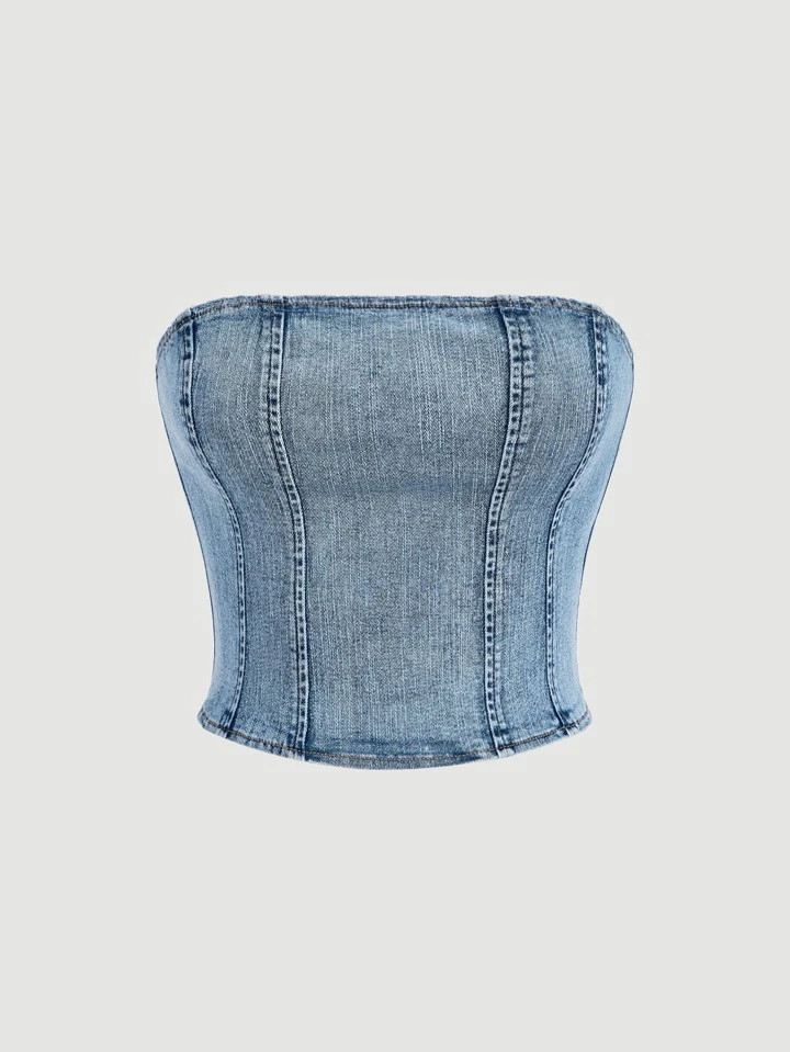SHEIN MOD Metal Zip Back Topstitching Tube Summer Denim Tube Top | SHEIN